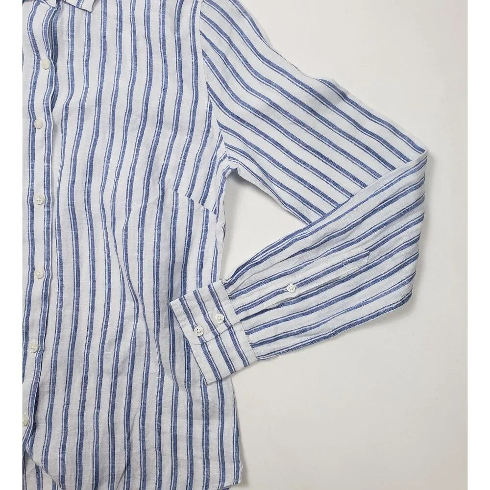 Untuckit Women Button-Up Linen Shirt Wehlen Blue White Stripe NWT/NWOT Pick Size - Picture 7 of 12